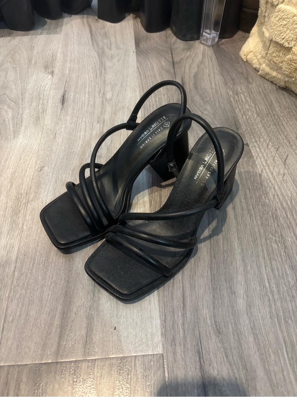Call It Spring Black Strappy Square-Toe Heeled Sandals